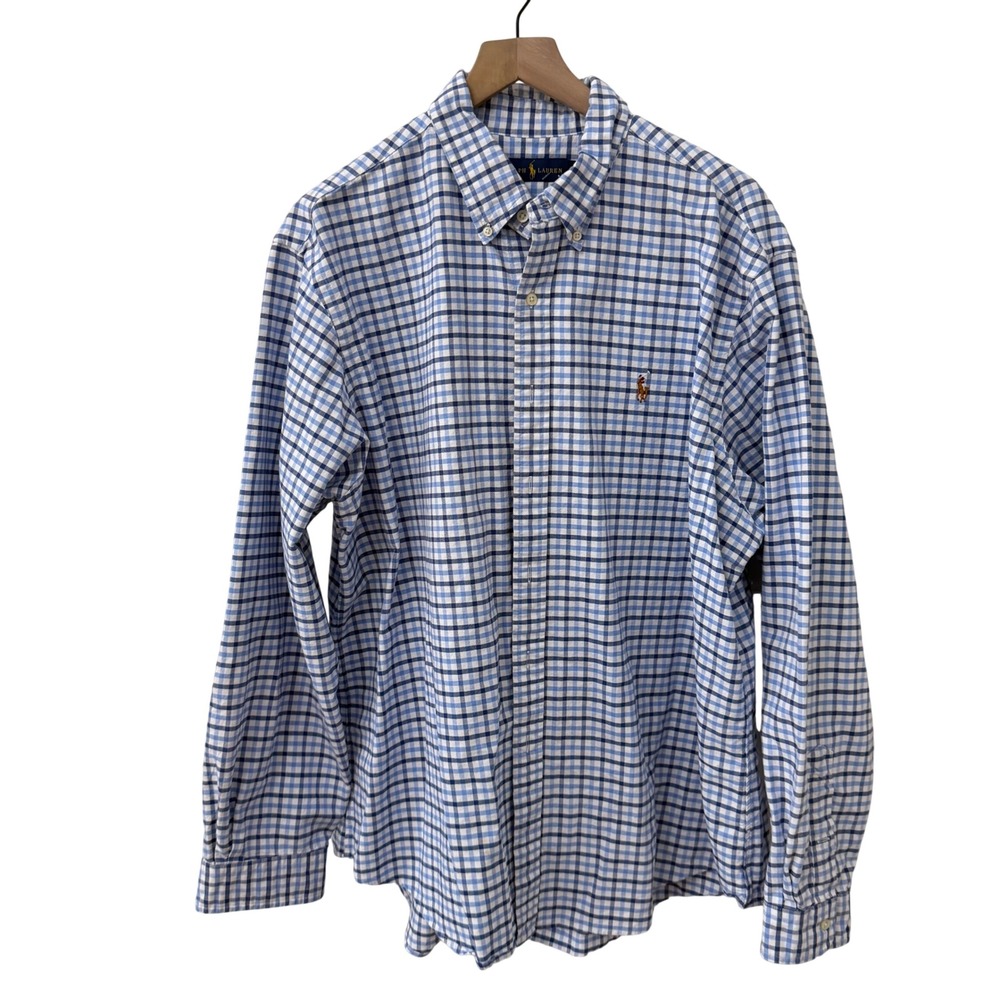 Ralph Lauren Button Down Shirt XXL Blue‎ White Gingham Check Cotton Long Sleeve